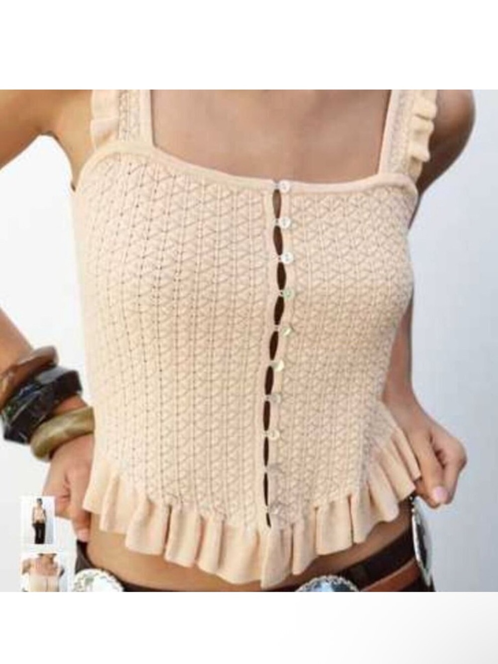 Zara Knit Corset Ivory Sleeveless Ruffle Hem Tank Blouse - Size Small